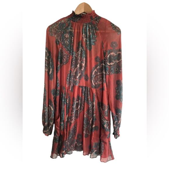 Free People Moonstruck Paisley Mini Shift Dress Rust Red Size XS - Picture 4 of 6